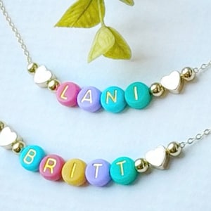 Colorful Kids Beaded Name Necklace FAST SHIPPING Girls Custom Name Necklace, Girls Name Necklace, Dainty Gold Heart Beads, Gift for Daughter