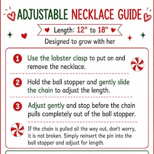 Puede incluir: Un gr&aacute;fico instructivo titulado ADJUSTABLE NECKLACE GUIDE con texto en rojo y verde e iconos de caramelos de menta. Especifica una longitud de 30,48 cm a 45,72 cm y proporciona tres pasos numerados para usar el cierre y el tope.