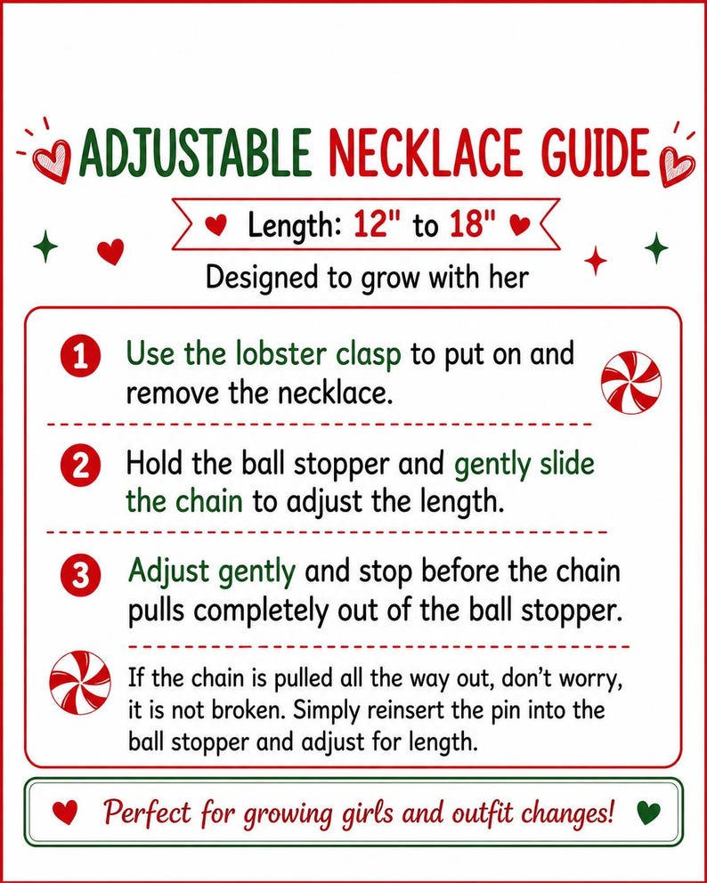 Puede incluir: Un gr&aacute;fico instructivo titulado ADJUSTABLE NECKLACE GUIDE con texto en rojo y verde e iconos de caramelos de menta. Especifica una longitud de 30,48 cm a 45,72 cm y proporciona tres pasos numerados para usar el cierre y el tope.