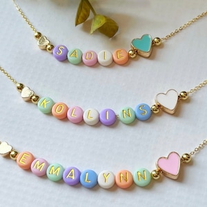 Pastel Color Beads Name Necklace | FAST SHIPPING | Dainty Gold Name Beads | Girls Name Necklace | Heart Beads Necklace | Kids Name Necklace