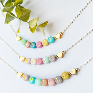 Bright Color Beads Name Necklace FAST SHIPPING Dainty Gold Name Beads Beaded Heart Name Necklace Heart Necklace Kids Name Necklace image 10