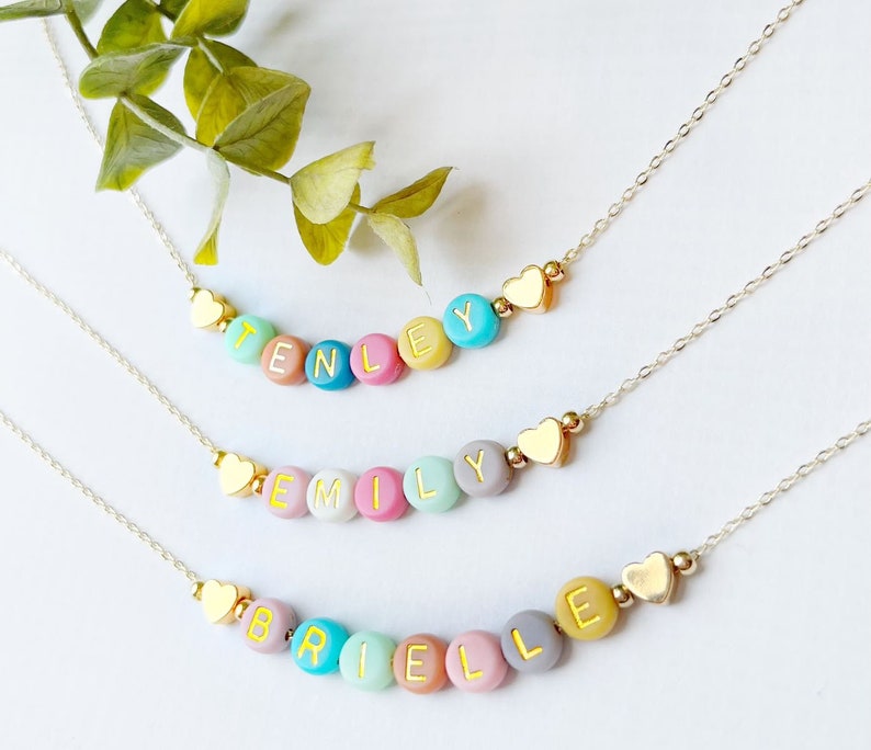 Bright Color Beads Name Necklace FAST SHIPPING Dainty Gold Name Beads Beaded Heart Name Necklace Heart Necklace Kids Name Necklace image 10