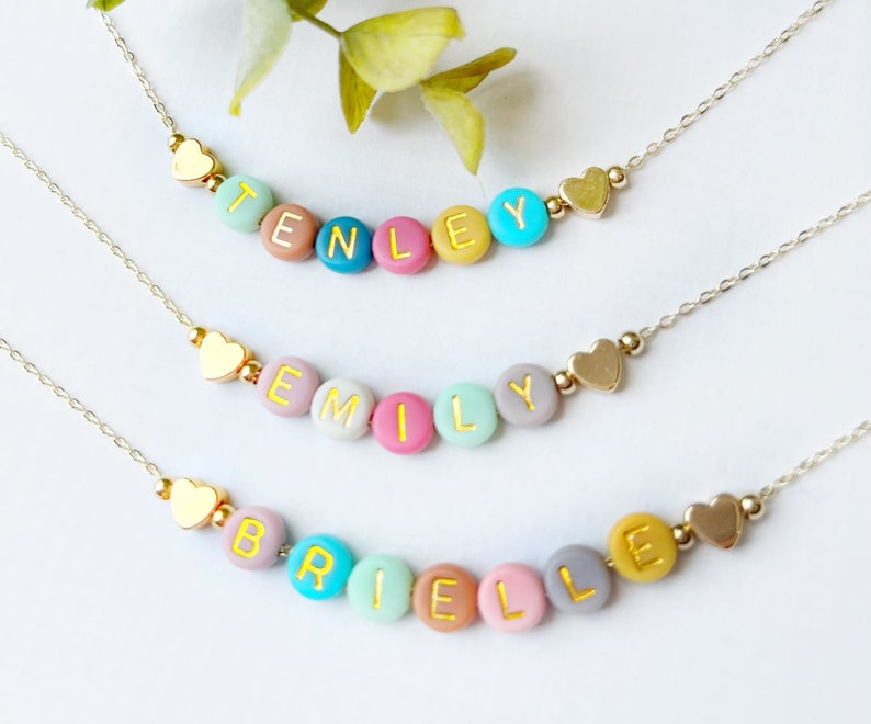 Bright Color Beads Name Necklace FAST SHIPPING Dainty Gold Name Beads Beaded Heart Name Necklace Heart Necklace Kids Name Necklace image 9