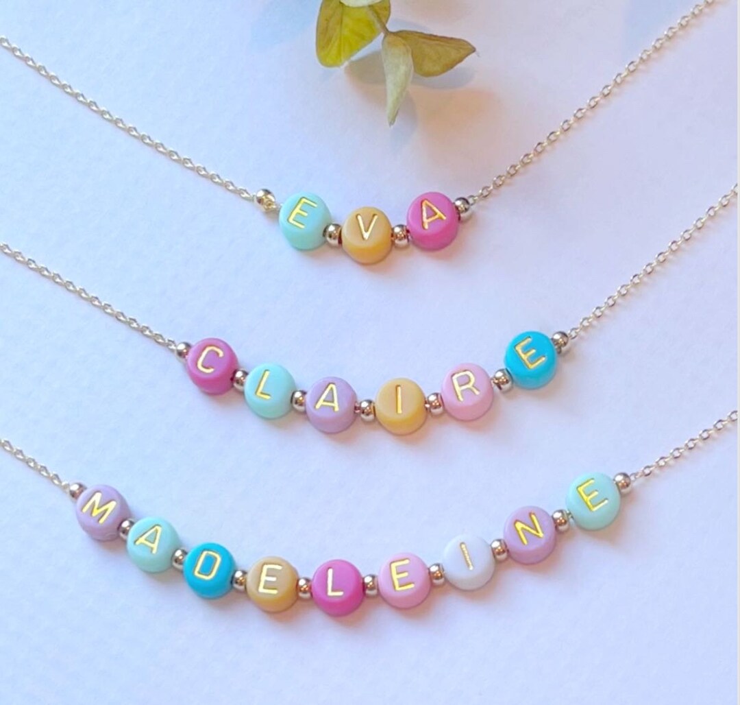Little Girls Name Necklace FAST SHIPPING Colorful Beaded Name Necklace Kids Name Necklace Dainty
