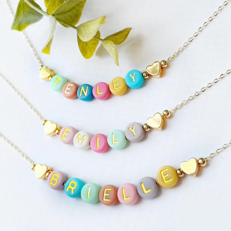 Bright Color Beads Name Necklace FAST SHIPPING Dainty Gold Name Beads Beaded Heart Name Necklace Heart Necklace Kids Name Necklace image 2
