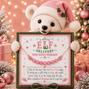 May include: A white teddy bear wearing a pink Santa hat holds a square sign that reads A SPECIAL ELF DELIVERY FROM SANTA'S WORKSHOP. A gold chain necklace with pink beads spelling BRINLEY is displayed across the sign, which includes a poem.