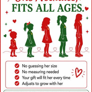 Puede incluir: Un gr&aacute;fico informativo blanco con texto en rojo y verde que dice One Necklace, FITS ALL AGES. Muestra cinco siluetas de figuras de diferentes alturas que llevan collares, junto con texto marcado sobre tallas y cifras de ventas.