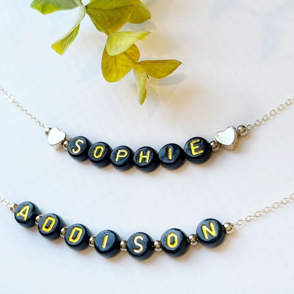 Black and Gold Beaded Name Necklace | FAST SHIPPING | Dainty Gold Name Beads | Boys Name Necklace | Girls Name Necklace | Kids Name Necklace