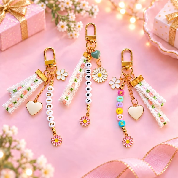 Personalized Beaded Keychain For Girls, Floral Ribbon, Daisy & Heart Charms, Backpack Name Tag, Cute Girls Dance Bag Charm