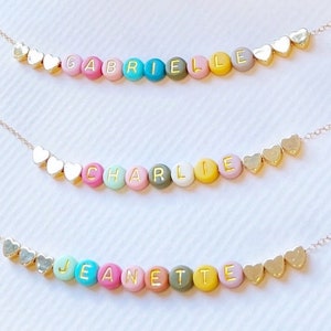 Full of Color Beads Name Necklace | FAST SHIPPING | Toddler Name Necklace | Dainty Gold Bead Heart Name Necklace | Heart Necklace Kids Name