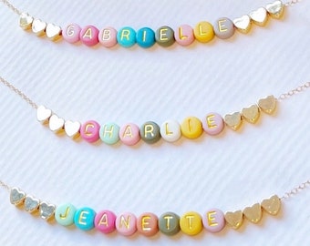 Full of Color Beads Name Necklace | FAST SHIPPING | Toddler Necklace | Dainty Gold Heart Beads | Girls Name Necklace | Kids Name Necklace
