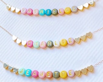 Full of Color Beads Name Necklace FAST SHIPPING Toddler Necklace Custom Name Necklace Gold Name Necklace, Mama Necklace, Gold Heart Necklace