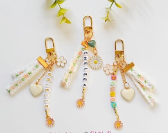 Personalized Beaded Keychain For Girls, Floral Ribbon, Daisy & Heart Charms, Backpack Name Tag, Cute Girls Dance Bag Charm