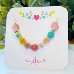 Easter Necklace For Girls FAST SHIPPING Dainty Gold Name Beads Beaded Heart Name Necklace Heart Beads Name Necklace Little Girl Easter Pink