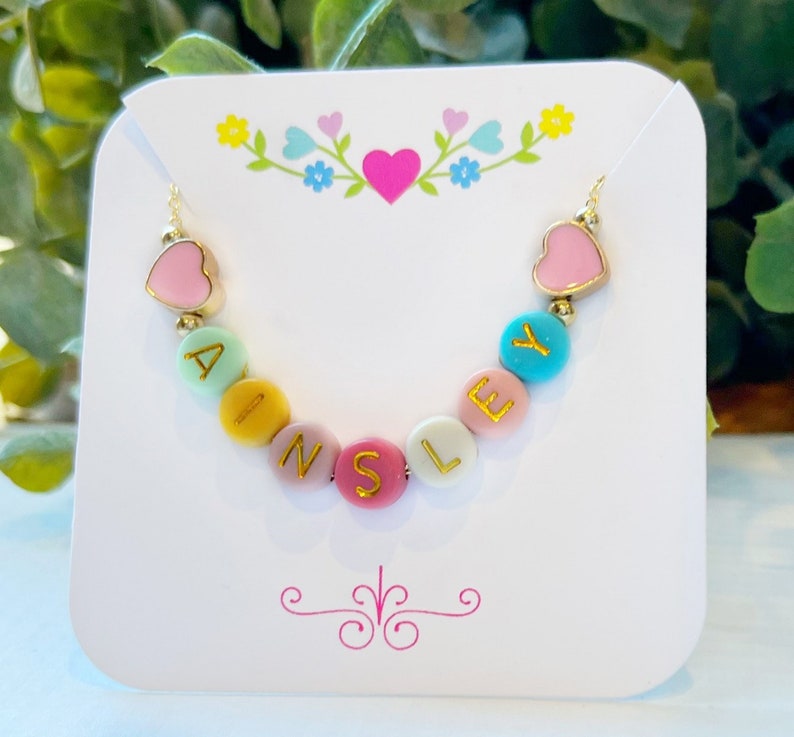 Easter Necklace For Girls FAST SHIPPING Dainty Gold Name Beads Beaded Heart Name Necklace Heart Beads Name Necklace Little Girl Easter Pink