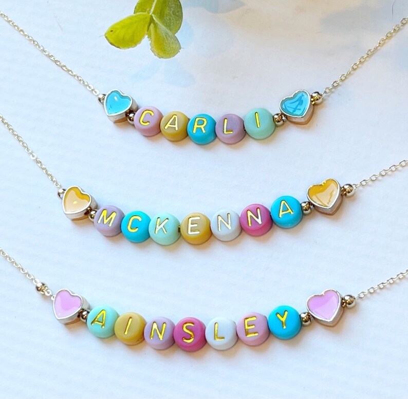 Easter Necklace For Girls FAST SHIPPING Dainty Gold Name Beads Beaded Heart Name Necklace Heart Beads Name Necklace Little Girl Easter image 6