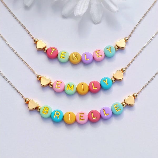 Colorful Beaded Name Necklace for Girls, Adjustable Chain, Custom Jewelry for Kids, Toddler Sunnies, Kids Birthday Gift, Girls Daisy Jewelry