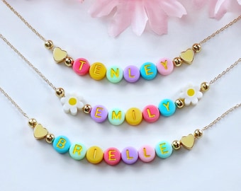 Colorful Beaded Name Necklace for Girls, Adjustable Chain, Custom Jewelry for Kids, Toddler Sunnies