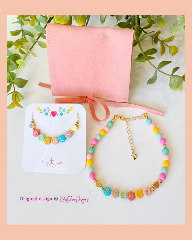 Colorful Beaded Name Necklace for Little Girls, Adjustable Chain, Personalized Grow With Me Jewelry image 2