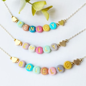 Bright Color Beads Name Necklace FAST SHIPPING Dainty Gold Name Beads Beaded Heart Name Necklace Heart Necklace Kids Name Necklace image 6