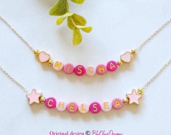 Personalized Pink Name Necklace for Girls by BluOliveDesigns, Adjustable Gold Chain, Kids Valentine Gift