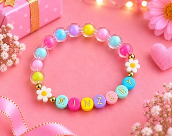 Pulsera personalizada con nombre de margarita, pulsera colorida con cuentas para niñas, joyería personalizada para bebés, pulsera de flores para niños, regalo personalizado para preadolescentes.