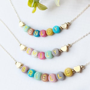 Bright Color Beads Name Necklace FAST SHIPPING Dainty Gold Name Beads Beaded Heart Name Necklace Heart Necklace Kids Name Necklace image 4