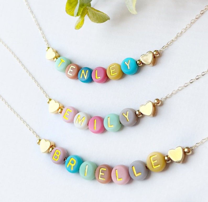 Bright Color Beads Name Necklace FAST SHIPPING Dainty Gold Name Beads Beaded Heart Name Necklace Heart Necklace Kids Name Necklace image 5