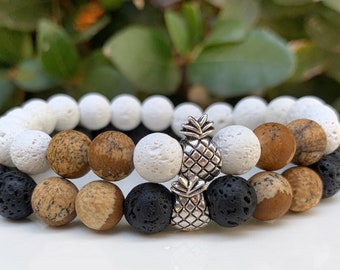 Couples Bracelet Lava Beads Bracelet | Diffuser Bracelet | Pineapple Jewelry Set | White Lava Beads | Black Lava Beads Aromatherapy Bracelet