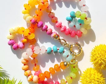Hand-Knotted Gemstone Necklace by BluOliveDesigns in ORANGE CREAM, Jade, Turquoise, Opal Gemstone Necklace, Rainbow Gems Jewelry