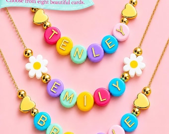 Colorful Beaded Name Necklace for Girls, Adjustable Chain, Custom Jewelry for Kids Christmas Gift, Kids Birthday Gift, Girls Gold Jewelry