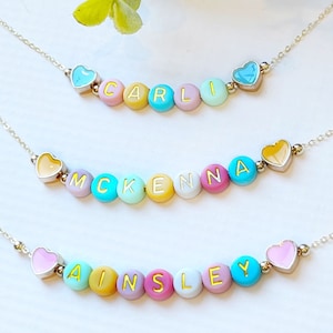 Easter Necklace For Girls FAST SHIPPING Dainty Gold Name Beads Beaded Heart Name Necklace Heart Beads Name Necklace Little Girl Easter image 10