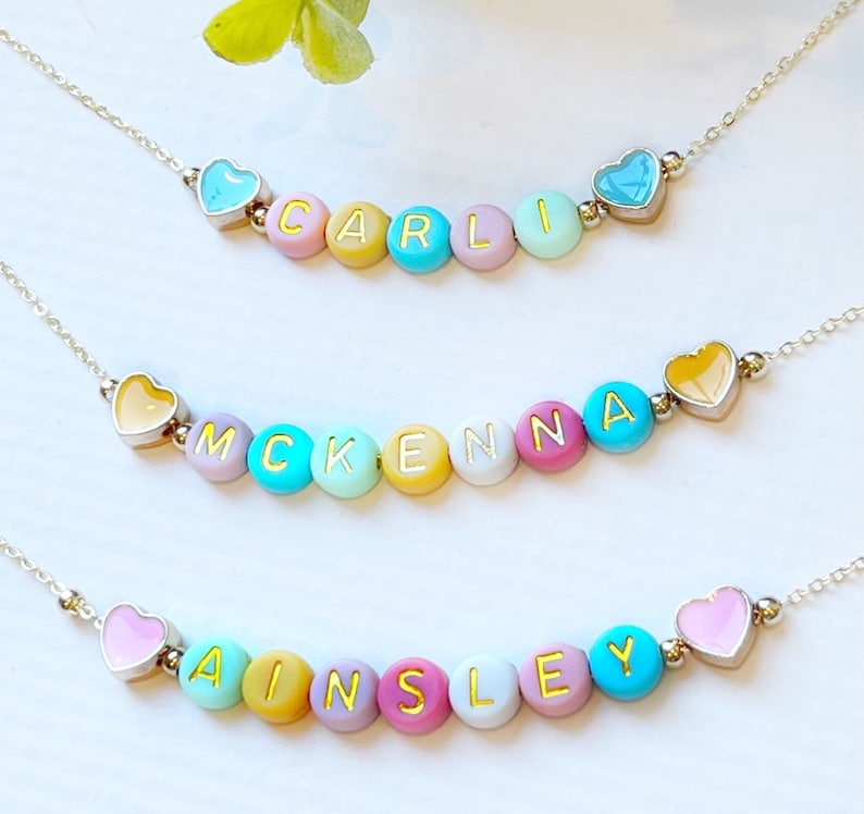 Easter Necklace For Girls FAST SHIPPING Dainty Gold Name Beads Beaded Heart Name Necklace Heart Beads Name Necklace Little Girl Easter image 10