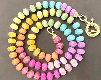 Hand-Knotted Rainbow Gemstone Necklace in SUNSET TAFFY, Jade Candy Jewelry, Candy Gems Necklace, Sailor Clasp, Dopamine Necklace
