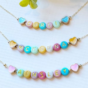 Easter Necklace For Girls FAST SHIPPING Dainty Gold Name Beads Beaded Heart Name Necklace Heart Beads Name Necklace Little Girl Easter image 7