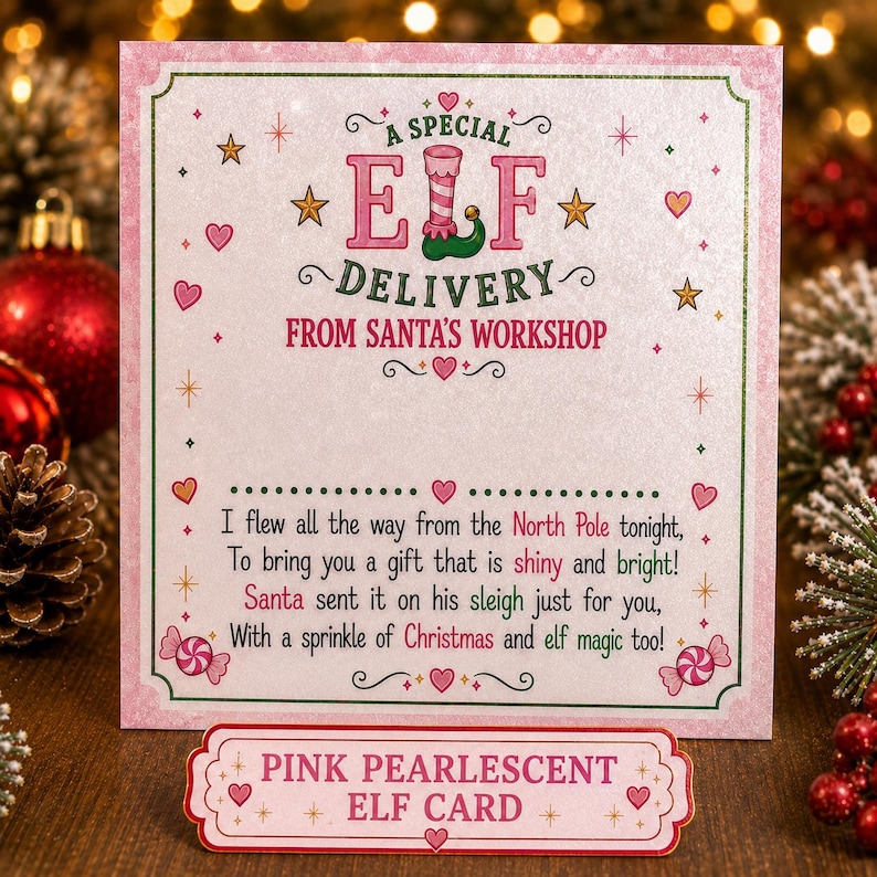 Puede incluir: Una tarjeta cuadrada de color rosa nacarado con el texto A SPECIAL ELF DELIVERY FROM SANTA'S WORKSHOP y un poema sobre el Polo Norte. Debajo, una etiqueta rectangular dice PINK PEARLESCENT ELF CARD. El dise&ntilde;o incluye corazones, estrellas y caramelos.