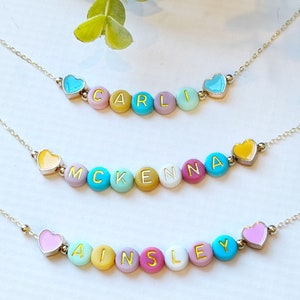 Easter Necklace For Girls FAST SHIPPING Dainty Gold Name Beads Beaded Heart Name Necklace Heart Beads Name Necklace Little Girl Easter image 9