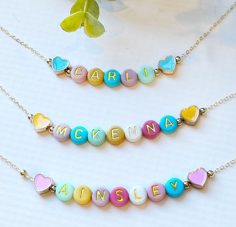 Easter Necklace For Girls FAST SHIPPING Dainty Gold Name Beads Beaded Heart Name Necklace Heart Beads Name Necklace Little Girl Easter image 9