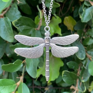 Large Silver Dragonfly Necklace: Personalized Initial Pendant