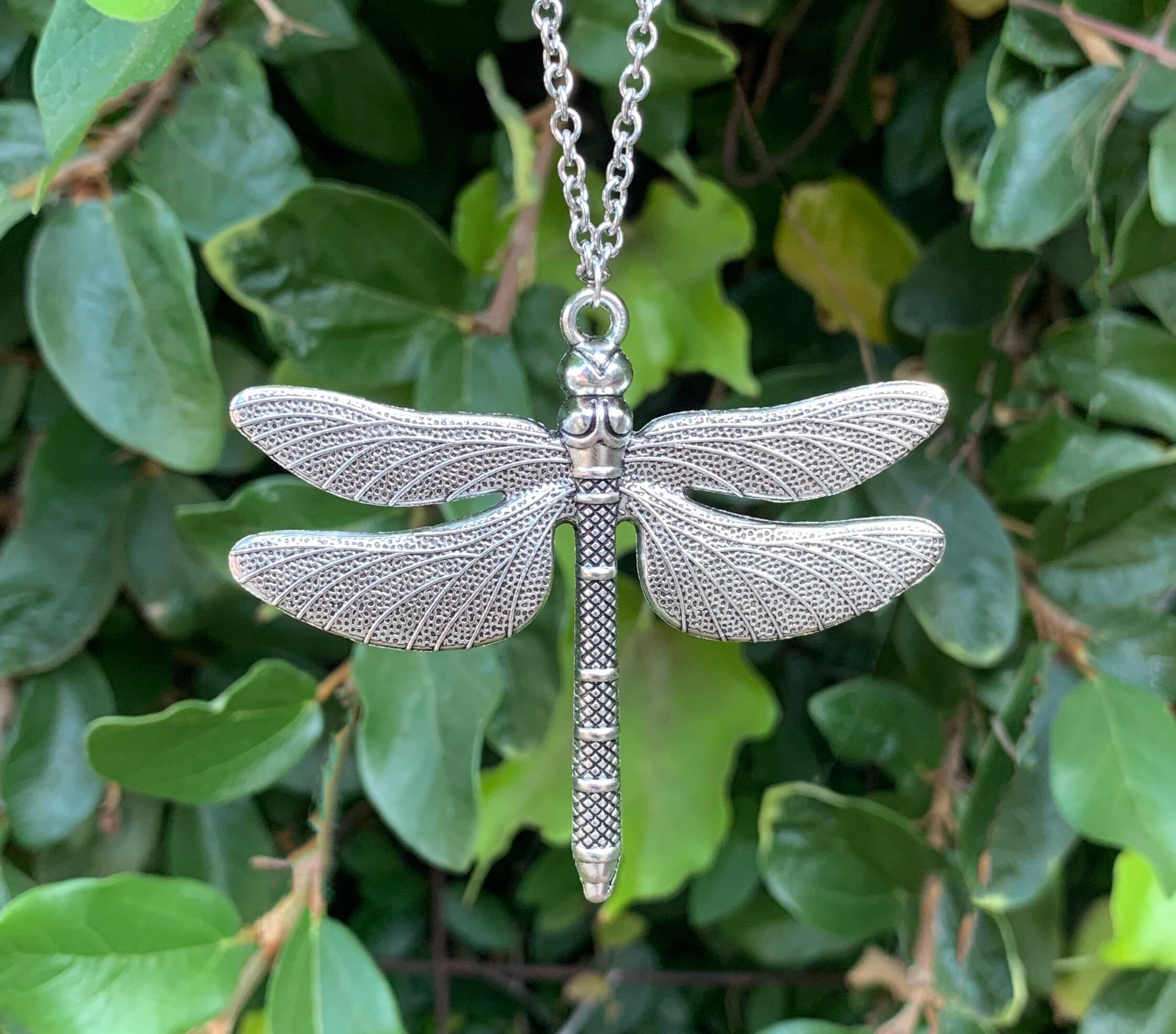 Large Dragonfly Necklace Silver Dragonfly Pendant Detailed