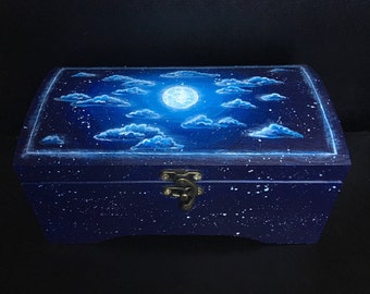 Blue Full Moon Handpainted Jewelry Box | Tarot, Galaxy, Night Sky, Aesthetic room decor, Celestial, Stars, Wooden Keepsake Stash Altar Box