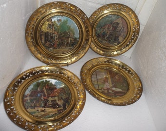 Antique brass framed foil art plates hand made in England