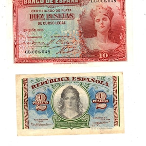 1935 10 pesetas and 1938 2 pesetas Spain banknotes