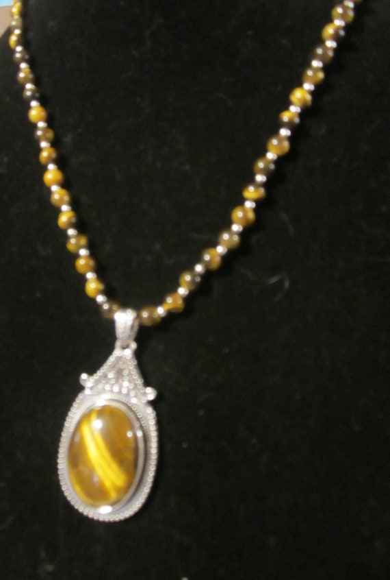 Tiger eye and silver beaded pendant necklace - image 5