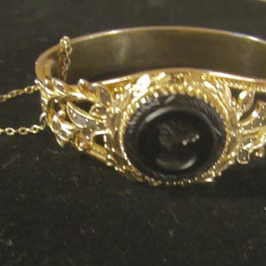 1960&quot;s vintage Whiting & Davis Co. cameo hinged gold plated bracelet