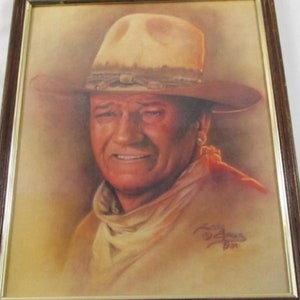 Framed John Wayne colored pencil original artwork signed by artist