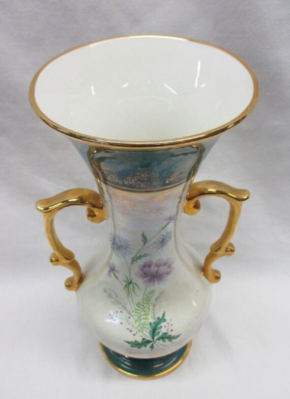Vintage two handled vase with gold trim and authentication on Etsy