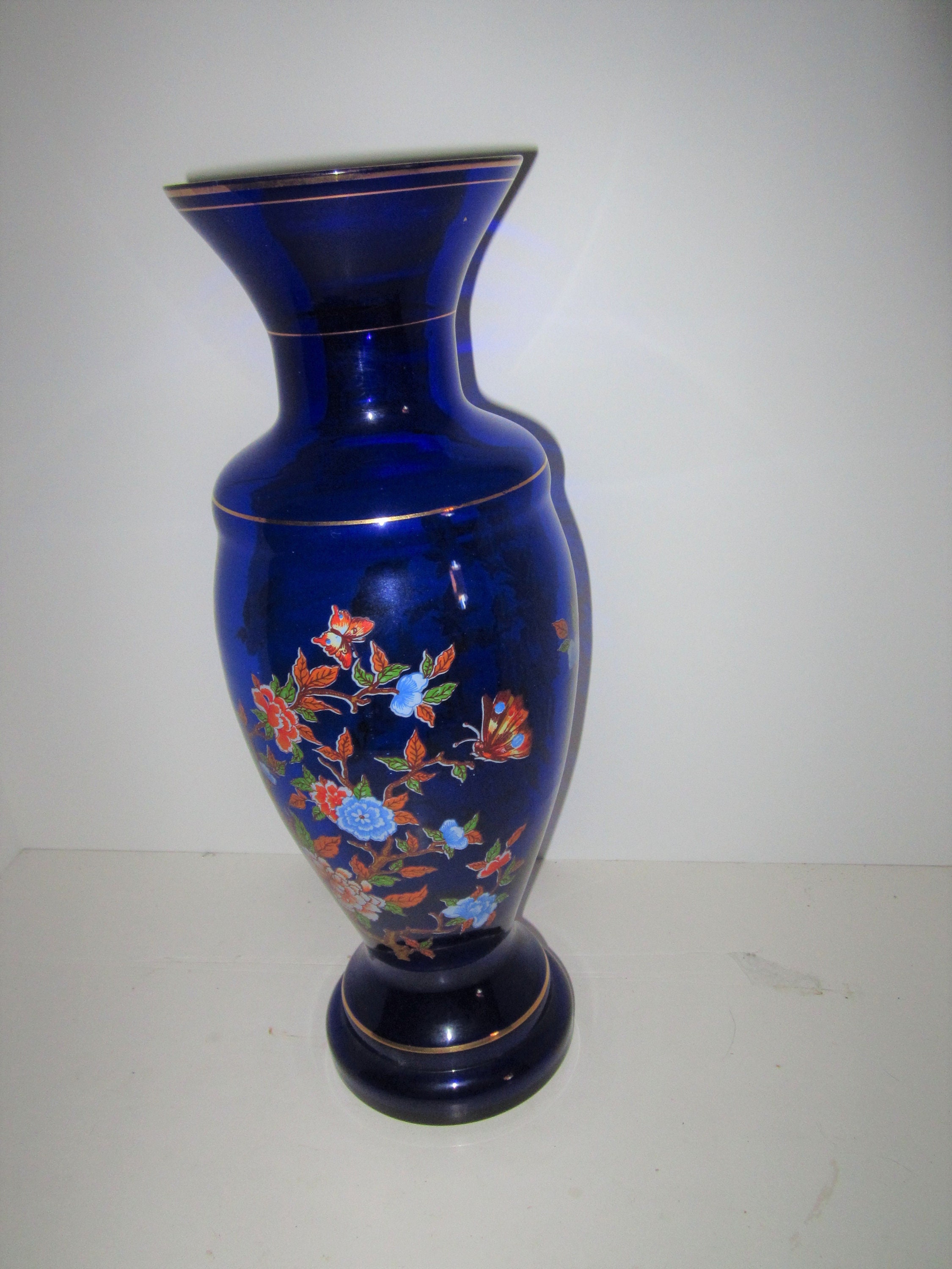 Tall Hand Painted Asian Glass Vase With Gold Accents Etsy