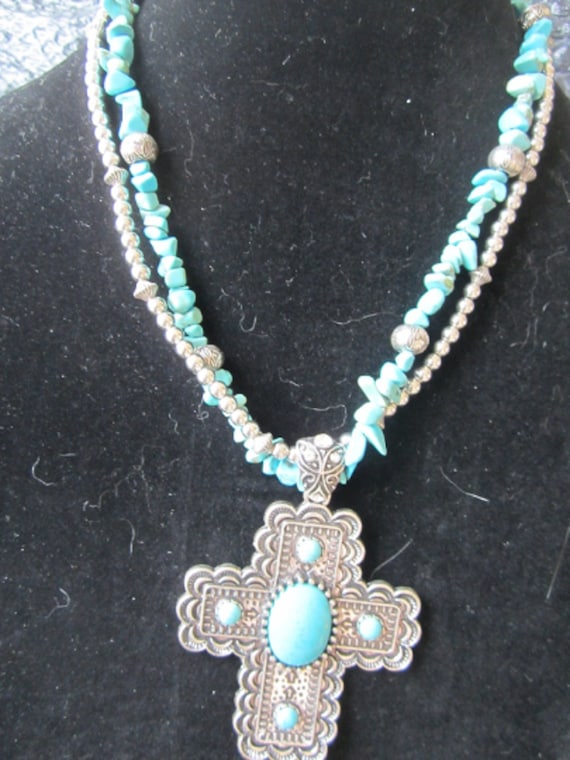 Silver and turquoise multi strand cross pendant ne