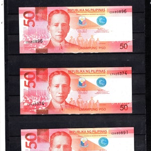 Philipines set of three 2016 50 pesos banknotes